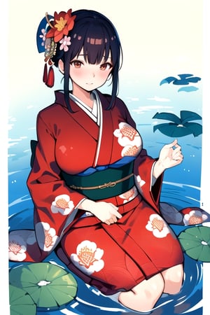 masterpiece, best quality,1girl,gigantic_breasts,japanese_clothes, kimono, flower, lily_pad, red_kimono, black_hair, hair_ornament, water, looking_at_viewer, sash, obi, floral_print, bangs, hair_flower, sitting, seiza, tabi, holding, blush, print_kimono, ball, long_sleeves