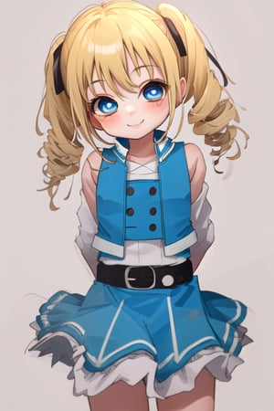 masterpiece, best quality,solo,1girl, looking at viewer, arms behind back,,ppgzbb , black leotard, blue sleeveless  jacket , blue skirt,mesugaki, belt,(loli:1.3),smile,twintails,blonde drill hair, 