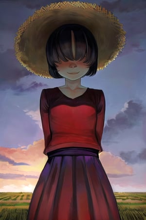 masterpiece, best quality, solo, 1girl,arms behind back,loli,rain, small_breast, smile,(dusk:1.3), Beside the rice fields,black_hair red dress,straw hat,wet_clothes,short_hair,hair over eyes
