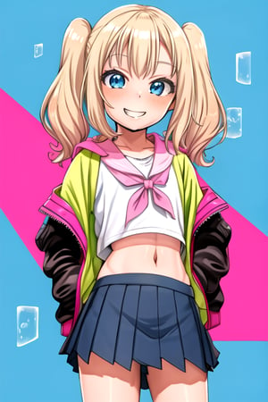 masterpiece, best quality,solo,1girl, looking at viewer, arms behind back, black crop top ,open jacket,  blue skirt,mesugaki, (loli:1.3),smile,twintails,blonde hair, bubbles background