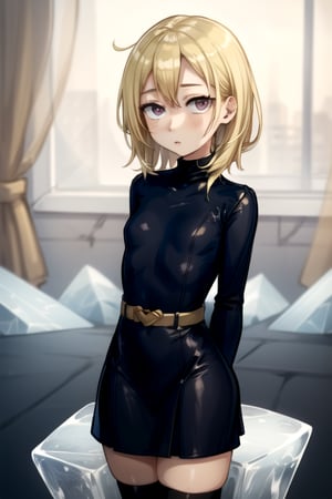 masterpiece, best quality, (solo:1.3),small_breast, in ice of cube ,arms behind back,blonde,black_eyes, looking_at_viewer, half-closed_eyes,curvy,blue turtleneck dress,belt,long_sleeves,belt,red_eye,stockings