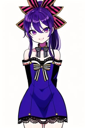 masterpiece, best quality, (solo:1.3), 1girl , arms behind back,looking_at_viewer,loli,mini_girl,purple_hair,long_sleeves,long_ponytail,smile,sleeveless dress, whitedress, flat chest,hair_ornament, bowtie, collar, off_shoulder, lace, striped, fashion show