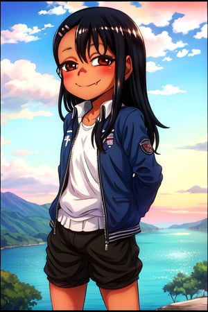 masterpiece, best quality, (solo:1.3), 1girl , arms behind back,looking_at_viewer,(loli:1.3),dusk,lake,black sport suit,black hair,dark skin, hairclip, brown eyes, hairclip,nagatoro hayase,cute_fang,smile,