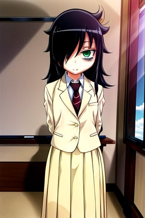 masterpiece, best quality, (solo:1.3), 1girl , arms behind back,looking_at_viewer,long hair, black-hair,hair over in one eye,school uniform, classroom,bags under eyes, watamote,loli,necktie, yellow jacket,yellow skirt ,green-eyes,embarassed endured_face, ahegao, 