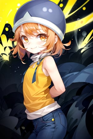 masterpiece, best quality, (solo:1.3), 1girl , arms behind back,looking_at_viewer, orange_hair, smile,SoraDef, orange eyes, sleeveless, shirt, jeans, helmet, short hair,yellow shirt,loli,data streaming background