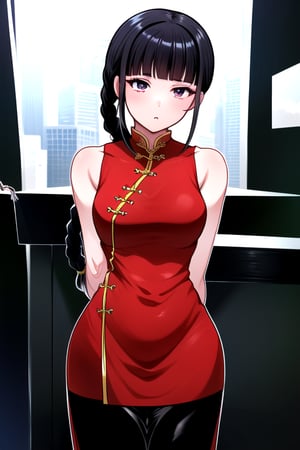 masterpiece, best quality, (solo:1.1), 1girl ,looking at viewer,(arms behind back :1.3),  collarbone,sleeveless dress, , red chinese dress,black long pants, black hair,curvy,black obi,(single braid:1.3),wind_chime theme