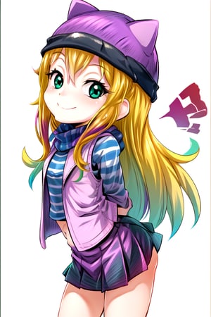 masterpiece, best quality, (solo:1.3), 1girl, loli, arms behind back,looking_at_viewer,OrimotoIzumi,  purple vest,horizontal striped shirt, beanie, cat hat, green eyes, purple  skirt,smile, blonde,