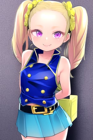 masterpiece, best quality,solo,1girl, looking at viewer, arms behind back, black leotard, blue sleeveless  jacket , blue skirt,mesugaki, belt,(loli:1.3),smile,twintails,blonde drill hair, bubbles