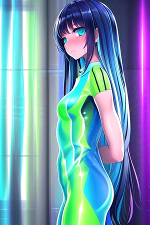 masterpiece, best quality,solo,1girl, looking at viewer, (arms behind back:1.3),green and blue style,multiple screen backgrounds,fusion of transparent raincoat and neon lights