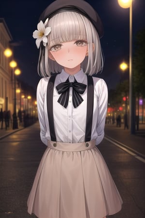 masterpiece, best quality,solo,1girl, looking at viewer, arms behind back , loli,suspender_skirt,  brown_eyes,  long_sleeves, dusk park background, collared_shirt,  black_ribbon, bow, mole_under_eye,black beret,light brown hair,white hair flower,street lamps,