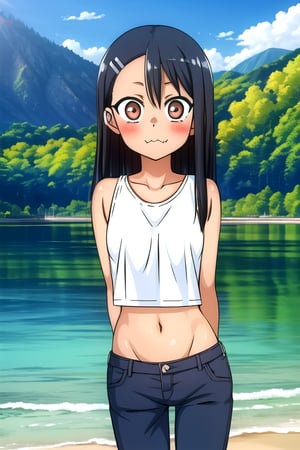 masterpiece, best quality, (solo:1.3), 1girl , arms behind back,looking_at_viewer,loli,dusk,lake,black crop_top,long pants,black hair,dark skin, hairclip, brown eyes, hairclip,nagatoro hayase,(cute_fang:1.3),