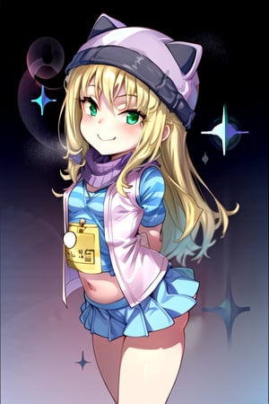 masterpiece, best quality, (solo:1.3), 1girl, loli, arms behind back,looking_at_viewer,OrimotoIzumi,  purple vest,horizontal striped shirt, beanie, cat hat, green eyes, purple  skirt,smile, blonde,