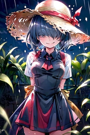masterpiece, best quality, solo, 1girl,arms behind back,loli,rain, small_breast, smile,(dusk:1.3), Beside the rice fields,black_hair red dress,straw hat,(no eyes:1.2), wet_clothes,short_hair