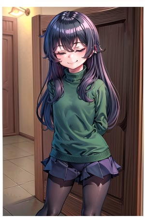 masterpiece, best quality, solo, 1girl, (arms behind back:1.1),loli,dark tunnel,looking at viewer,long_hair,  black_hair, closed_eyes,green sweater,smile, black_pantyhose, sleeves_past_wrists,  turtleneck, closed_mouth, bangs, long_sleeves