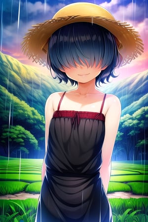 masterpiece, best quality, solo, 1girl,arms behind back,loli,rain, small_breast, smile,(dusk:1.3), Beside the rice fields,black_hair red dress,straw hat,(no eyes:1.2), wet_clothes