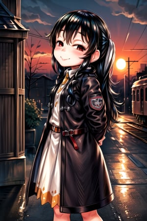 masterpiece, best quality, (solo:1.3), 1girl ,in honeycomb and bee style,dusk,( arms behind back , :1.3),(loli:1.3),train station,black hair, long hair,oversized coat ,belt,smile,lab