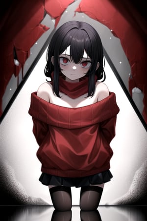 masterpiece, best quality, (solo:1.1), 1girl , arms behind back,looking_at_viewer,horror theme,sweater,(mini_girl:1.3), off_shoulder,loli,black stockings,snow, reflection,broken glass,red scarf