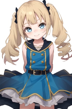 masterpiece, best quality,solo,1girl, looking at viewer, arms behind back, black leotard, blue sleeveless  jacket , blue skirt,mesugaki, belt,(loli:1.3),smile,twintails,blonde drill hair, bubbles