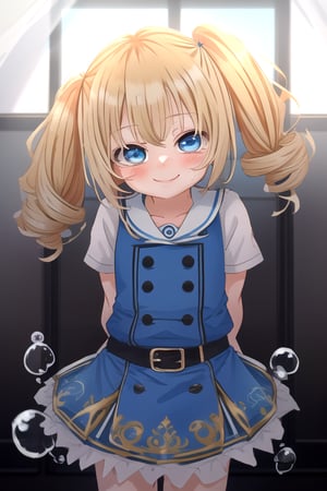 masterpiece, best quality,solo,1girl, looking at viewer, arms behind back, black leotard, blue sleeveless  jacket , blue skirt,mesugaki, belt,(loli:1.3),smile,twintails,blonde drill hair, bubbles