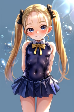 masterpiece, best quality,solo,1girl, looking at viewer, arms behind back, black leotard,  blue skirt,mesugaki, (loli:1.3),smile,twintails,blonde hair, bubbles background