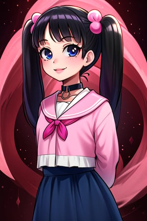 masterpiece, best quality,solo, cosplay, 1girl, black  hair,little girl,loli,mesugaki,looking at viewer,smile,in dark hole, arms behind back ,choker,off_shoulders,pink streaked hair, twin_tails,collared_shirt,cropped_jacket,blue skirt,