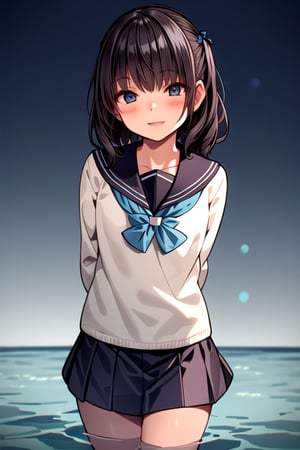 masterpiece, best quality, (solo:1.3),1girl sailor suite,skirt, beautiful detailed water, arms_behind_back,,black_hair,looking_at_viewer,seductive smile,(hair over eyes:1.3), 