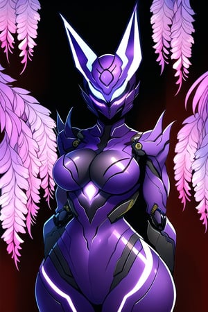 masterpiece, best quality, (solo:1.1), 1girl , arms behind back,looking_at_viewer,mechanical_arms,mechanical suit,fox mask,muscular,wisteria tree background,symmetrical,in purple and black style,mechanical japanese_dress,ghost nocturnal