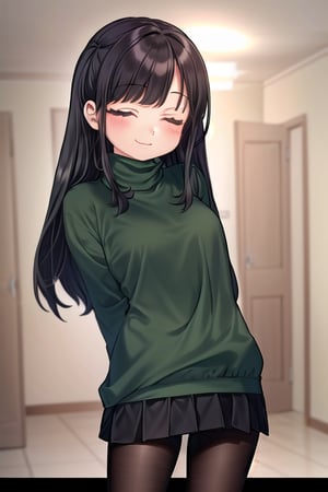 masterpiece, best quality, solo, 1girl, (arms behind back:1.1),loli,dark tunnel,looking at viewer,long_hair,  black_hair, closed_eyes,green sweater,smile, black_pantyhose, sleeves_past_wrists,  turtleneck, closed_mouth, bangs, long_sleeves