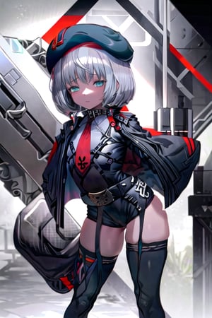 masterpiece, best quality, solo, 1girl, (arms behind back:1.1),loli,dark tunnel,looking at viewer, vesti (nikke),red necktie,black bodysuit, black thighhighs, cape, long sleeves, beret, black shorts,belt