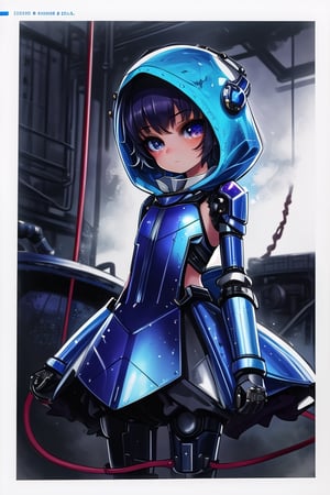 masterpiece, best quality,1girl, (solo:1.1), in sanke style,arms behind back , looking_at_viewer, hood,factory background , loli,mechanical suit,,short_hair,exoskeleton,collared,