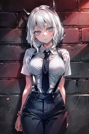 masterpiece, best quality, solo, 1girl, (arms behind back:1.1),brick wall, rika, cowboy shot, jewelry, closed mouth,  collared shirt, eyelashes, suspenders, black necktie, grey shirt,  black pants,looking at viewer