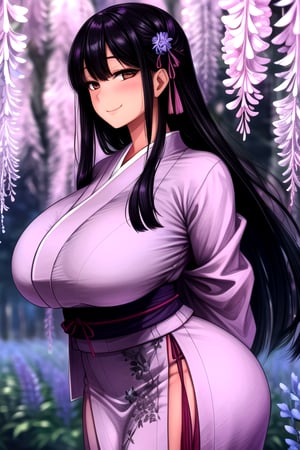 masterpiece, best quality, (solo:1.1), 1girl , arms behind back,looking_at_viewer,japan_dress,black hair,gigantic_breasts,white bows,wisteria forest background,symmetrical,in purple and black style,obi,smile,curvy,long_sleeves,long hair