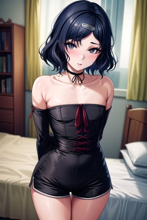 masterpiece, best quality,solo, cosplay, little boy, yaoi, medium hair, black  hair, in bedroom,  hair clip, beautiful detailed eyes, looking at viewer, black eyes, high - waist shorts, detached_sleeves, arms behind back ,ruka urushibara,choker