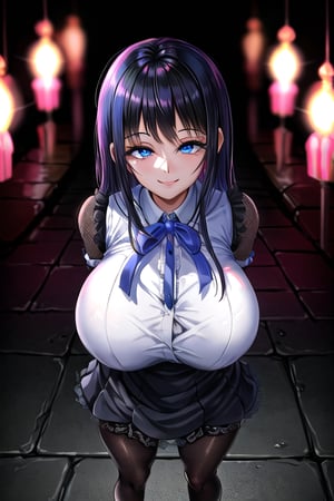 masterpiece, best quality, solo, 1girl, (arms behind back:1.1),dark tunnel,looking at viewer,smile,gigantic_breast, blue eyes, black hair,  mesh  dress, from above