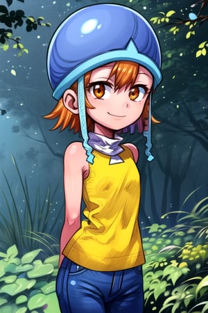 masterpiece, best quality, (solo:1.3), 1girl , arms behind back,looking_at_viewer, orange_hair, smile,SoraDef, orange eyes, sleeveless, shirt, jeans, helmet, short hair,yellow shirt,loli,blue forest background,