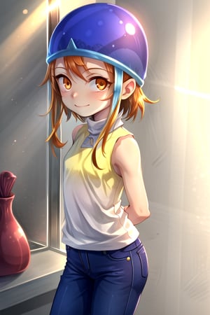 masterpiece, best quality, (solo:1.3), 1girl in glass case, arms behind back,looking_at_viewer, orange_hair, smile,SoraDef, orange eyes, sleeveless, shirt, jeans, helmet, short hair,yellow shirt,loli,