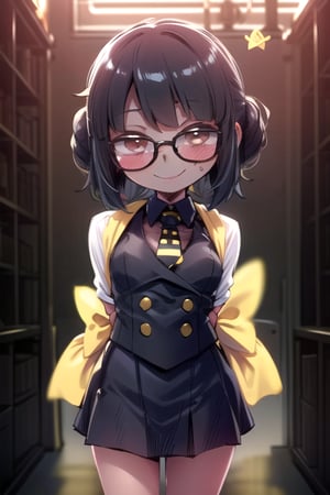 masterpiece, best quality, (solo:1.1), 1girl ,in yellow and black style,( arms behind back :1.3),(loli:1.3),black hair, factory background,fusion of honeycomb and suit,smile,glasses,bee necktie