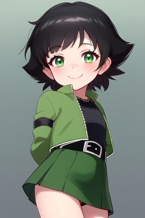 masterpiece, best quality,solo,1girl, looking at viewer, arms behind back,buttercup,loli,green and black style,green miniskirt,black leotard,green crop jacket,black_hair,green eyes,smile,messy hair,waistband,short_hair,mesugaki, belt,(loli)