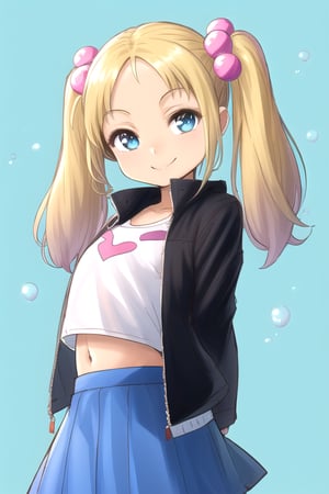 masterpiece, best quality,solo,1girl, looking at viewer, arms behind back, black crop top ,open jacket,  blue skirt,mesugaki, (loli:1.3),smile,twintails,blonde hair, bubbles background