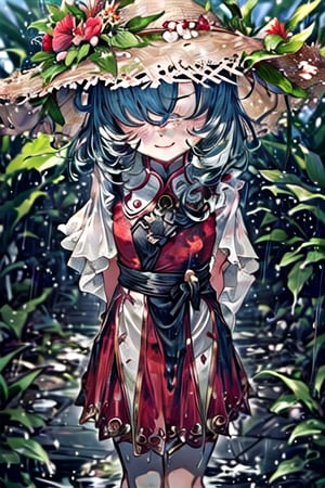 masterpiece, best quality, solo, 1girl,arms behind back,loli,rain, small_breast, smile,(dusk:1.3), Beside the rice fields,black_hair red dress,straw hat,(no eyes:1.2), wet_clothes
