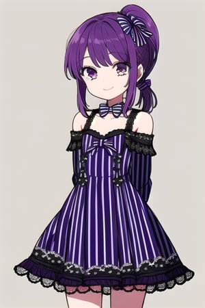 masterpiece, best quality, (solo:1.3), 1girl , arms behind back,looking_at_viewer,loli,mini_girl,purple_hair,long_sleeves,long_ponytail,smile,sleeveless dress, whitedress, flat chest,hair_ornament, bowtie, collar, off_shoulder, lace, striped,in fashion show,on catwalk