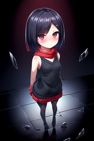 masterpiece, best quality, (solo:1.1), 1girl , arms behind back,looking_at_viewer,horror theme,sweater,(mini_girl:1.3), off_shoulder,loli,black stockings, reflection,broken glass,red scarf,short_hair,