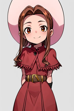 masterpiece, best quality, (solo:1.3), 1girl , arms behind back,looking_at_viewer,Tachikawa Mimi, long hair, brown hair, brown eyes, hat, dress, belt, red dress, gloves, sidelocks, capelet, pink headwear, fringe trim, short sleeves, 