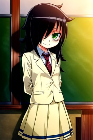 masterpiece, best quality, (solo:1.3), 1girl , arms behind back,looking_at_viewer,long hair, black-hair,hair over in one eye,school uniform, classroom,bags under eyes, watamote,loli,necktie,naughty_face, yellow jacket,yellow skirt ,green-eyes,embarassed smile,