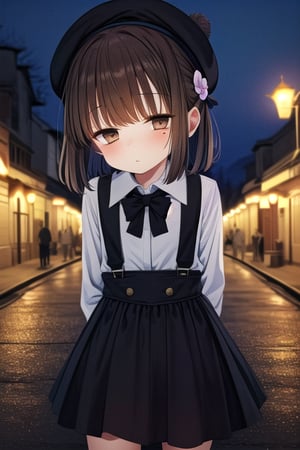 masterpiece, best quality,solo,1girl, looking at viewer, arms behind back , (loli:1.3),black suspender_skirt,  brown_eyes,  long_sleeves, dusk park background, collared_shirt,  black_ribbon, bow, mole_under_eye,black beret,light brown hair,white hair flower,street lamps,