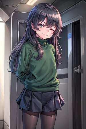 masterpiece, best quality, solo, 1girl, (arms behind back:1.1),loli,dark tunnel,looking at viewer,long_hair,  black_hair, closed_eyes,green sweater,smile, black_pantyhose, sleeves_past_wrists,  turtleneck, closed_mouth, bangs, long_sleeves