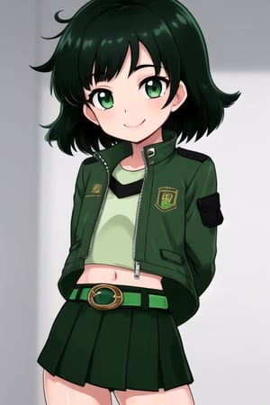 masterpiece, best quality,solo,1girl, looking at viewer, arms behind back,buttercup,loli,green and black style,green skirt,black leotard,green crop jacket,black_hair,green eyes,smile,messy hair,waistband,short_hair,mesugaki, belt