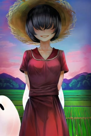masterpiece, best quality, solo, 1girl,arms behind back,loli,ghost,rain, small_breast, smile,(dusk:1.3), Beside the rice fields,black_hair red dress,straw hat,wet_clothes,short_hair,hair over eyes