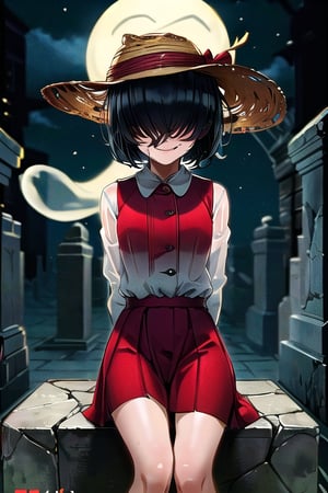 masterpiece, best quality, solo, 1girl,arms behind back,loli,ghost_girl,rain, small_breast, smile,(night:1.3),sitting in cemetery,black_hair ,red dress,big straw hat,wet_clothes,short_hair,hair over eyes
