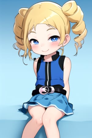 masterpiece, best quality,solo,1girl, looking at viewer, arms behind back,,ppgzbb , black leotard, blue sleeveless  jacket , blue skirt,mesugaki, belt,(loli:1.3),smile,twintails,blonde drill hair, 